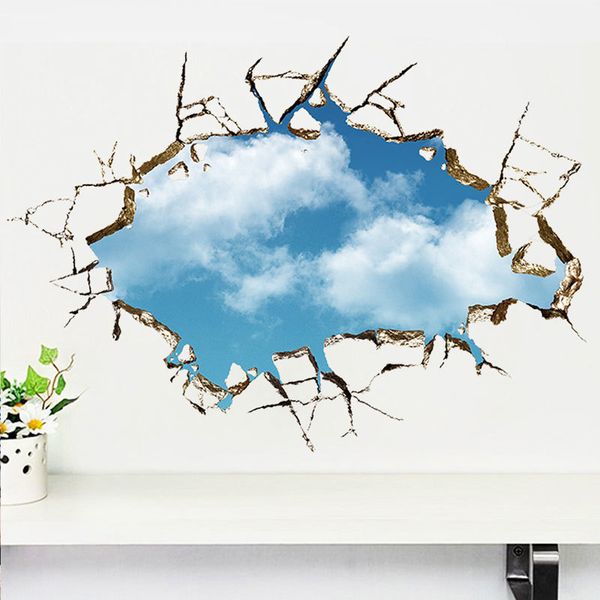 Broken hole 3D sky blue cloud wall stickers decoration bedroom decal landscape false windows decoration stickers