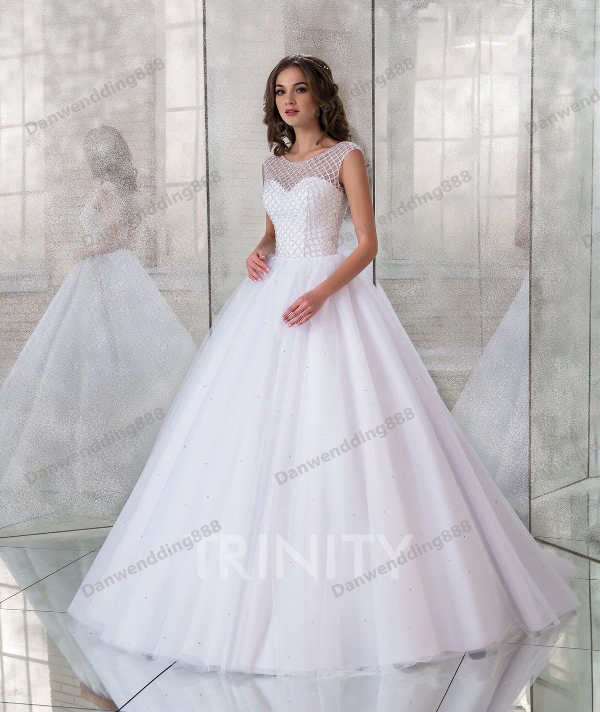 Beauty White Scoop Tulle Glass Beads A-Line Wedding Dresses Bridal Pageant Dresses Wedding Attire Dresses Custom Size 2-16 ZW712159