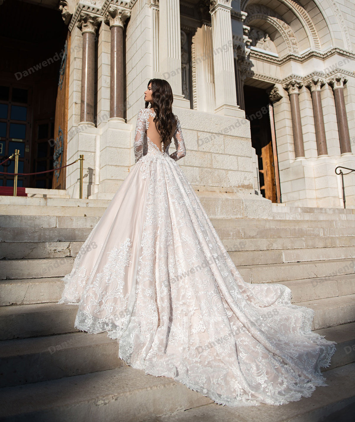 Elegant Champagne&-Ivory Sleeves Applique A-Line Wedding Dresses Bridal Pageant Dresses Wedding Attire Dresses Custom Size 2-16 ZW712191