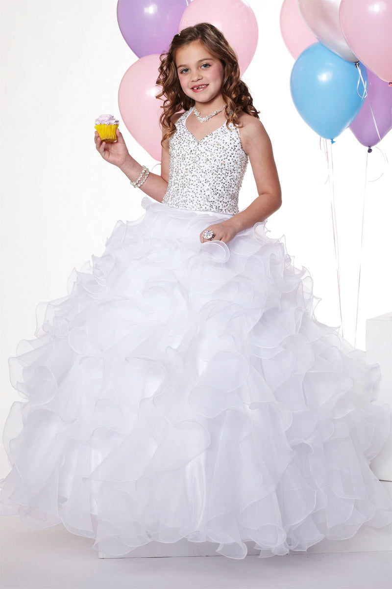 Beauty White Halter Organza Beads Flower Girl Dresses Girls&#039; Pageant Dresses Holidays-Birthday Dress-Skirt Custom Size 2-14 F712003