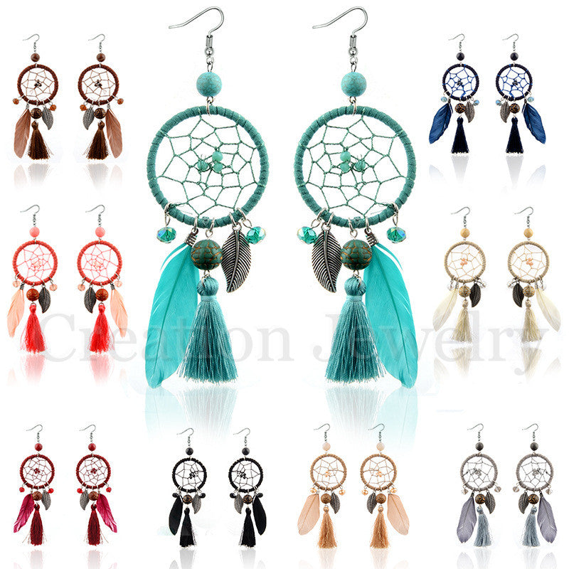 wholesale Bohemia fashion dream catcher tassel feather earrings beige-blue-red-black-pink -coffee-khaki-green-gray drop earrings for women
