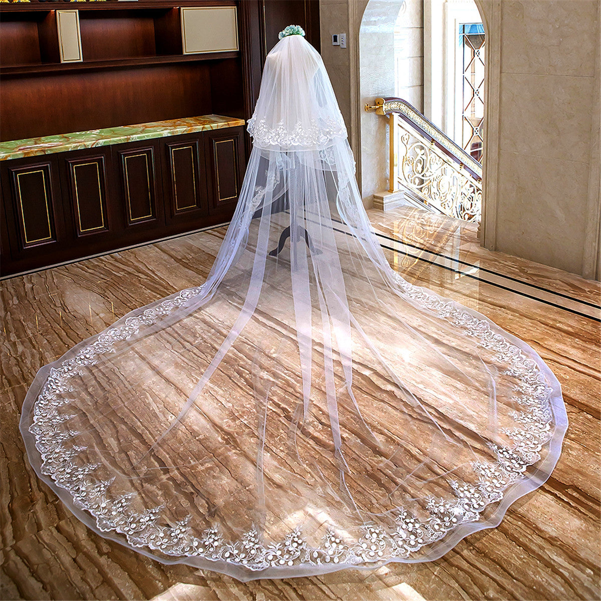 Beauty White 4 Meters Long Tulle Applique Edge Bridal Veils Bridal Headwear Bridal Wraps Wedding Accessories F714125