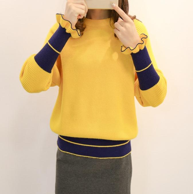 New style round neck sweater in autumn and winter women Set head Blue Patchwork Lotus leaf sleeve loose and comfortable knitting coat