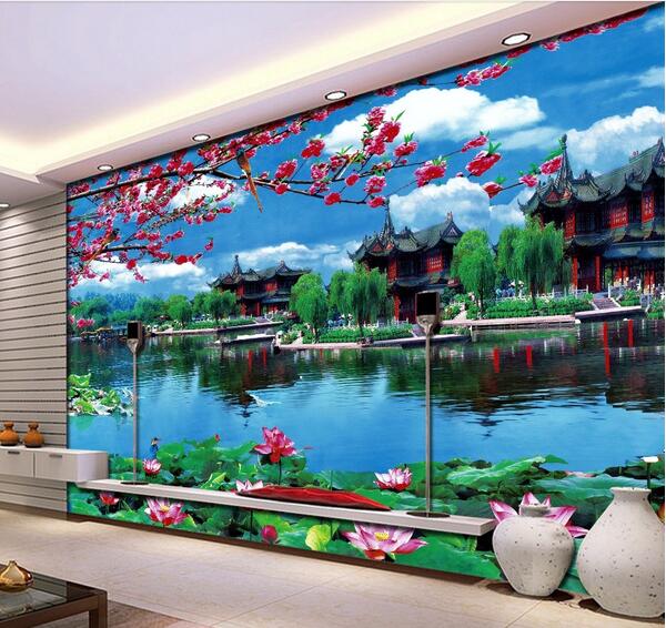 3d wallpaper custom photo Chinese garden lake lotus scenery flower tv background wall living room 3d wall muals wall paper for walls 3 d