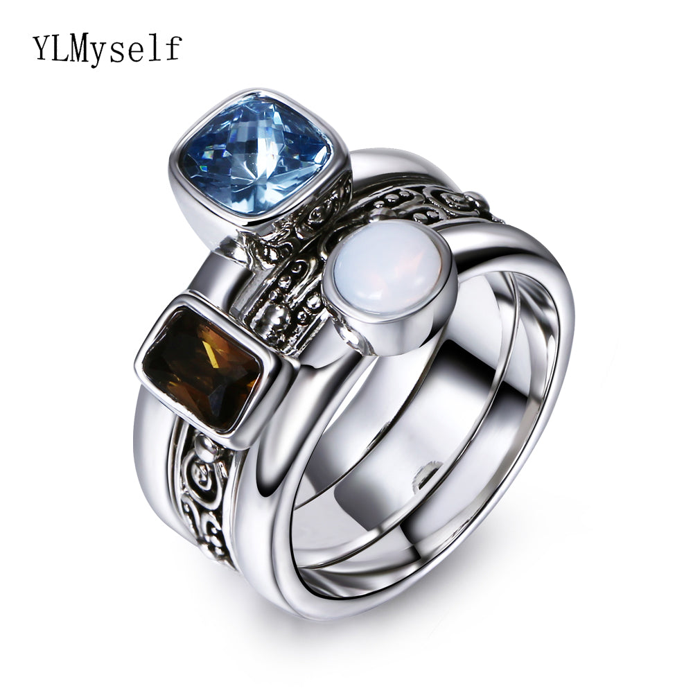 New arrival stone rings trendy jewelry high quality Anti rhodium color jewellery female 3pcs ring sets
