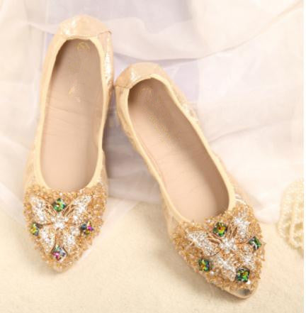 Free send 2018 women&#039;s flat bottom butterfly water drill pointed end Shallow mouth shoes