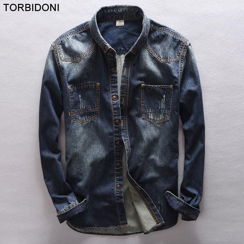 2017 Fashion Men Denim Shirts Long Sleeve Camisa Masculina Denim Blue Jeans Shirt Casual Retro Washed Blouses Chemise Homme