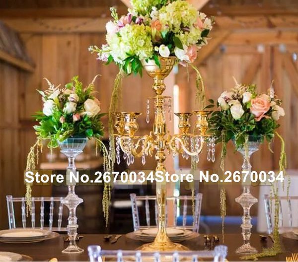 New style Gold Flower Vases Candle Holders Stand Wedding Decor Road Lead Table Centerpiece Rack Pillar Party Candlestick Candelabra best0008