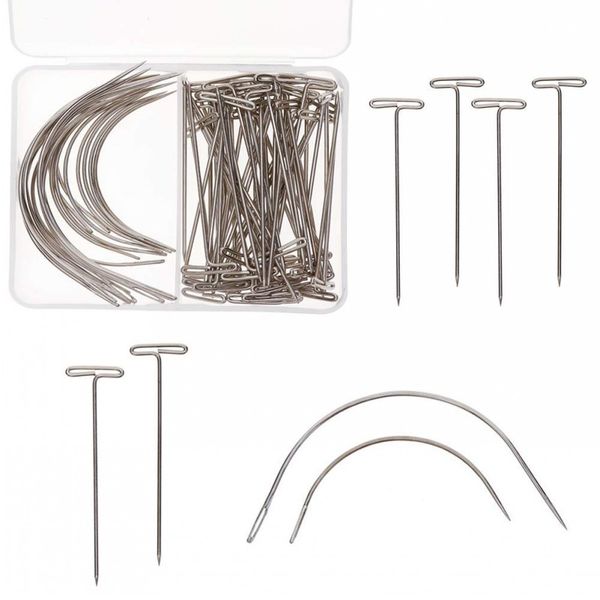 70Pcs-set Wig T Pins C Curved Needles Hair Weave Needles For Blocking Knitting Modelling Macrame Holding Wigs DIY Hair Style Tool