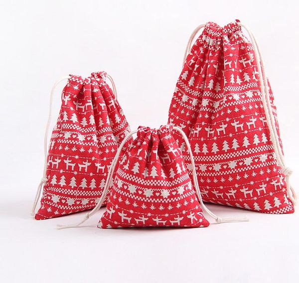 3pcs-lot Christmas Gift Bag Storage Bag Cotton Linen Drawstring Bundle Bags Xmas Candy Tea Package Gift Wrap Christmas Decorations SN1197