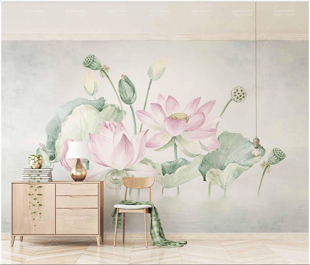 3d wallpaper custom photo Small fresh pink hand-painted lotus flowers lotus leaf lotus TV background wall muals wall paper for walls 3 d