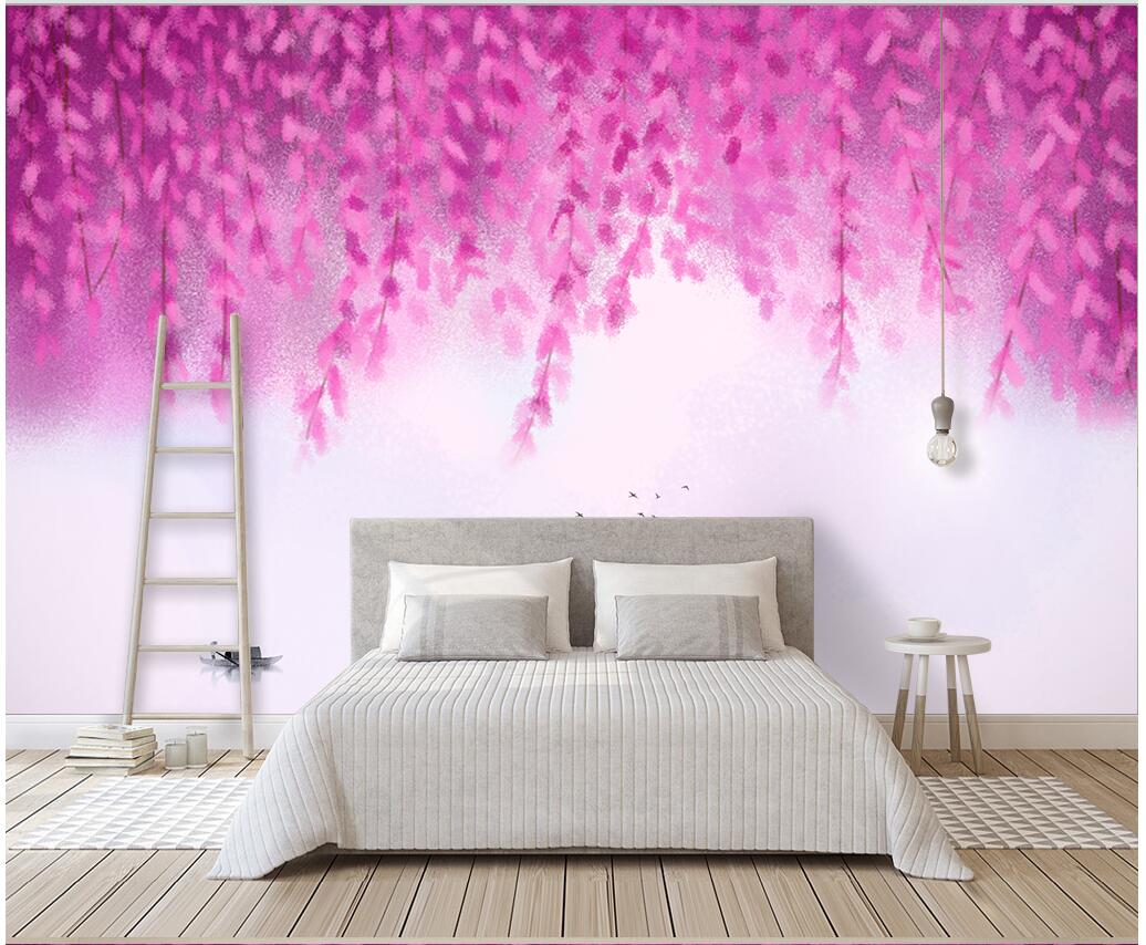 3d wallpaper custom photo Purple mood simple and elegant flowers and willow landscape hand-painted romantic muals wall paper for walls 3 d