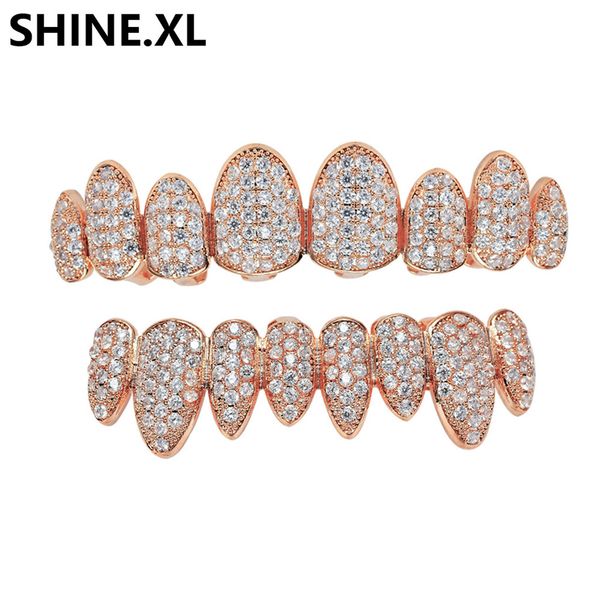 HIP HOP Iced Out Zircon Gold Teeth Grills 8 Top & Bottom Tooth Grills Dental Cosplay Vampire Teeth Caps Rapper Party Jewelry Gift