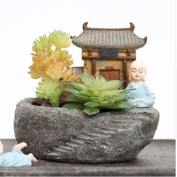 1pc Buddhism Temple Resin Flowerpot Succulent Plants Planter Monk Flower Pot Home Garden FengShui Decoration Mini Bonsai Pots