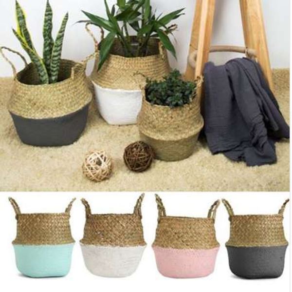 Storage Basket Rattan Straw Basket Wicker Seagrasss Folding Laundry Flower Pot Flower Vase Home Garden Hanging Basket Wedding