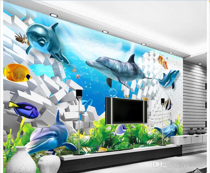 3d wallpaper custom photo Non-woven mural Seafood Dolphin Fish Brick Wall room decor painting picture 3d wall muals wall paper for walls 3 d