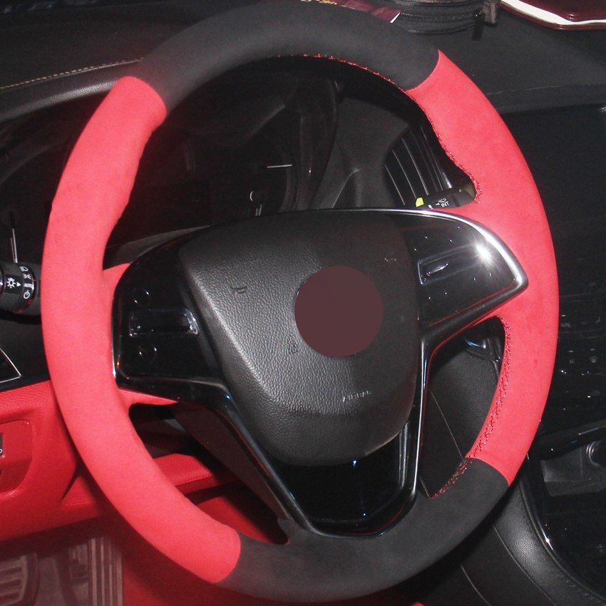 Hand-stitched Car Steering Wheel Cover Red Black Suede for Cadillac ATS 2013-2015 CTS 2014-2016