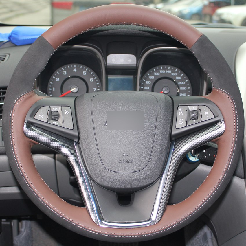 Hand-stitched Car Steering Wheel Cover Palm Red Genuine Leather Black Suede for Chevrolet Malibu 2011-2014