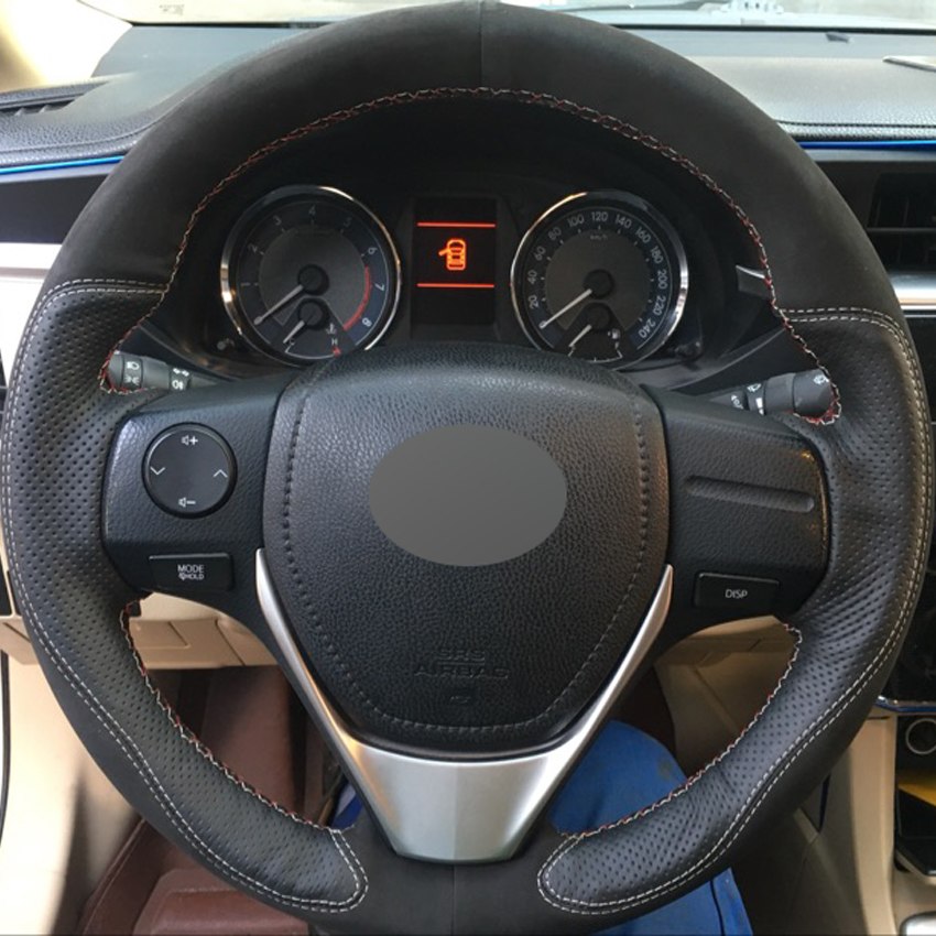 Hand-stitched Black Genuine Leather Suede Car Steering Wheel Cover for Toyota RAV4 2013-2016 Toyota Corolla 2014-2016 Scion