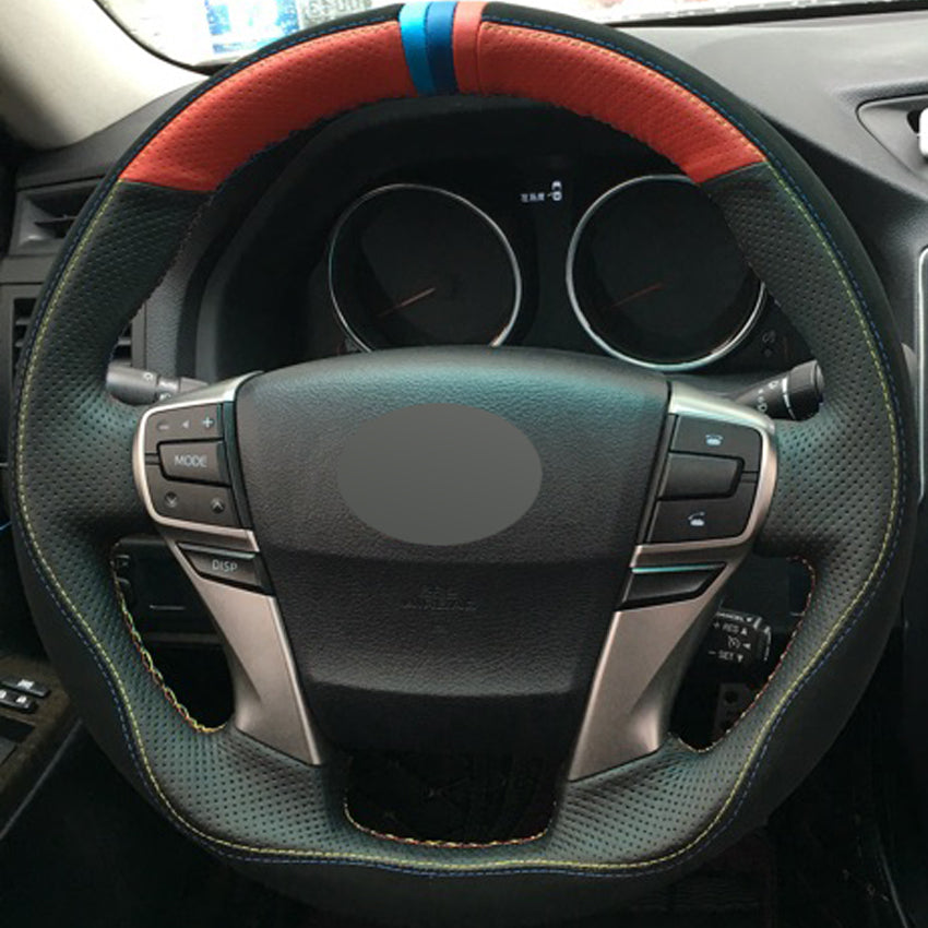 DIY Hand-stitched Black Red Genuine Leather Black Suede Car Steering Wheel Cover for Toyota Reiz Mark X