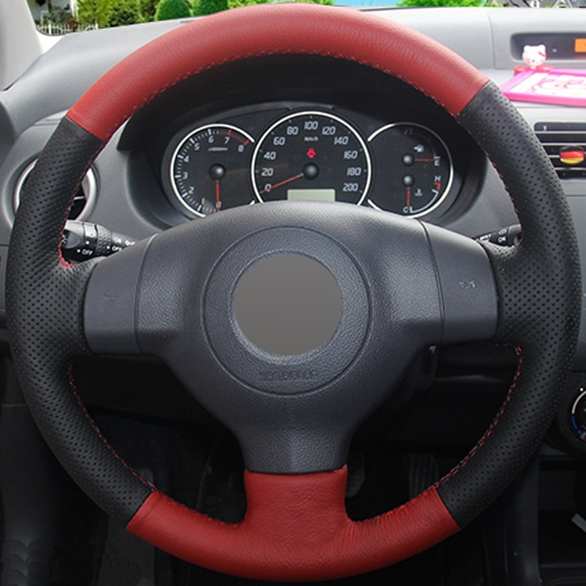 Black Red Genuine Leather DIY Hand-stitched Steering Wheel Cover for Suzuki SX4 Alto Old Swift