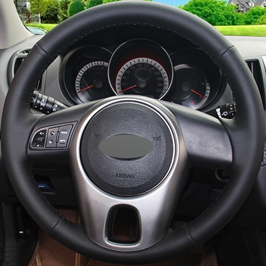 Black Genuine Leather DIY Hand-stitched Car Steering Wheel Cover for Kia Forte 2009-2014 Soul 2010-2013