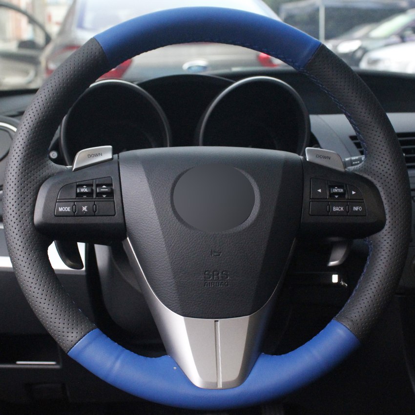 Blue Black Genuine Leather Hand-stitched Car Steering Wheel Cover for 2011-2013 Mazda 3 Mazda CX7