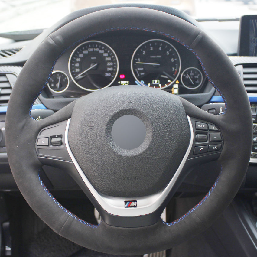 Black Suede DIY Hand-stitched Car Steering Wheel Cover for BMW F30 320i 328i 320d F20