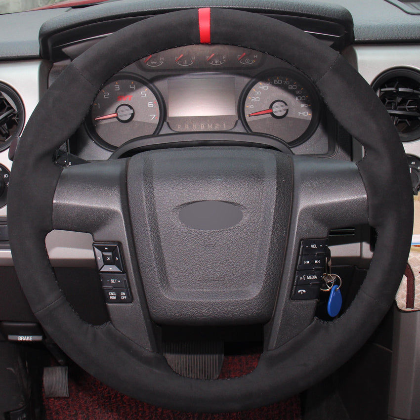 Black Suede Hand-stitched Car Steering Wheel Cover for Ford F150 F-150