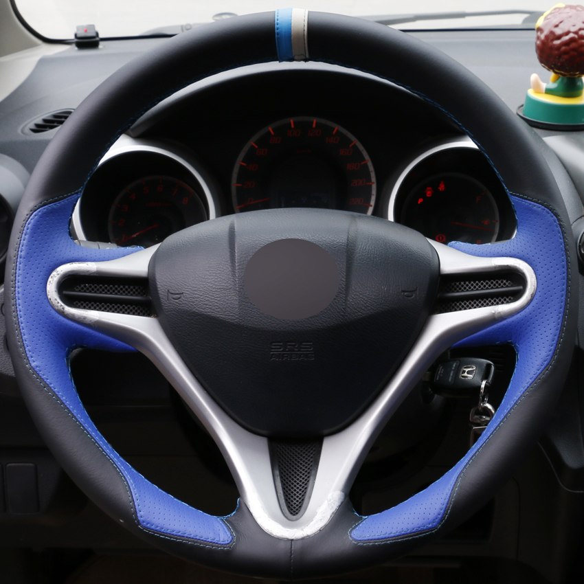 DIY Hand-stitched Car Steering Wheel Cover Black Blue Leather for Honda Fit 2009-2013 City Jazz