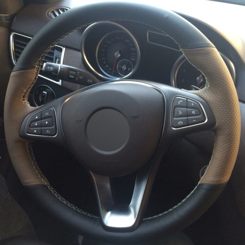 Black Brown Genuine Leather DIY Hand-stitched Car Steering Wheel Cover for Mercedes-Benz C180 C200 C260 C300 B200