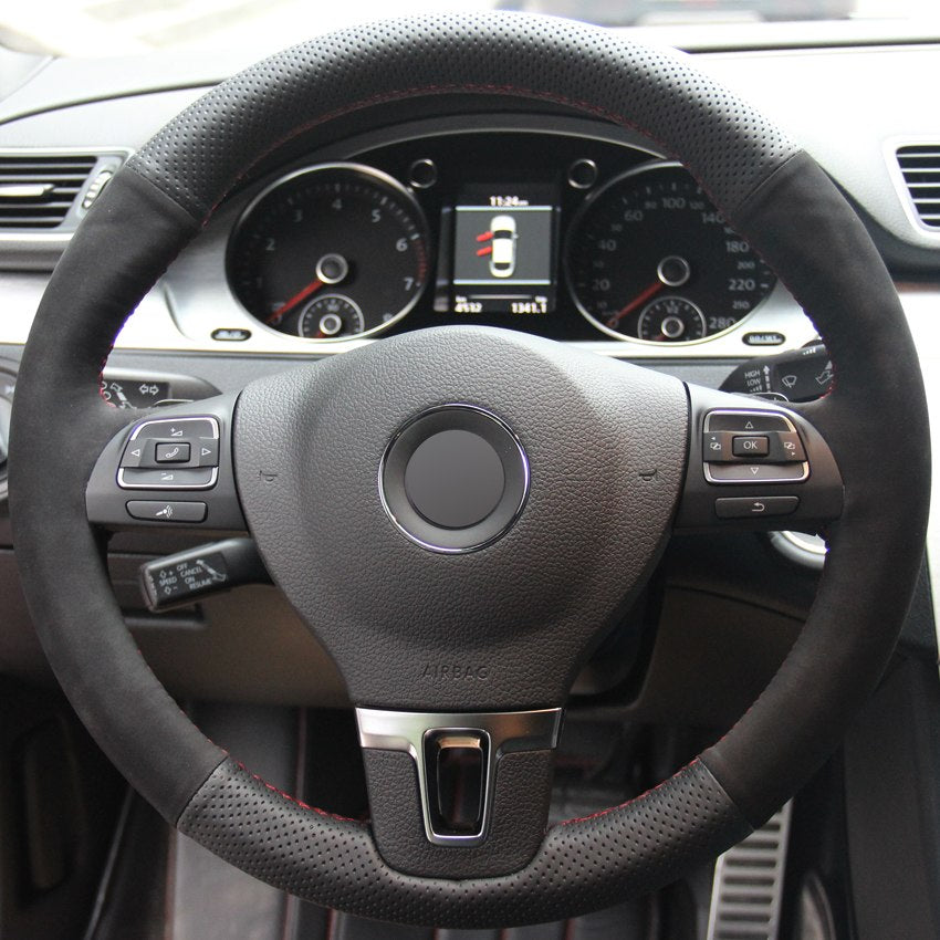 Black Genuine Leather Suede Hand-stitched Car Steering Wheel Cover for Volkswagen VW Gol Tiguan Passat B7 Passat CC Jetta