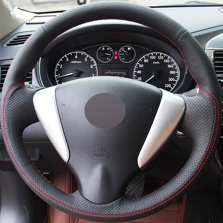Black Genuine Leather Hand-stitched Car Steering Wheel Cover for Nissan Tiida Sylphy Sentra Versa Note 2014-2017