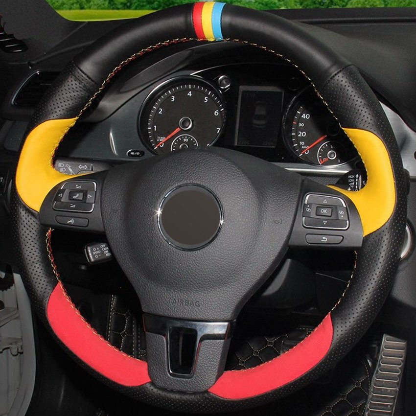 Black Yellow Genuine Leathe Red Suede Car Steering Wheel Cover for Volkswagen VW Gol Tiguan Passat B7 Passat CC Touran Jetta Mk6