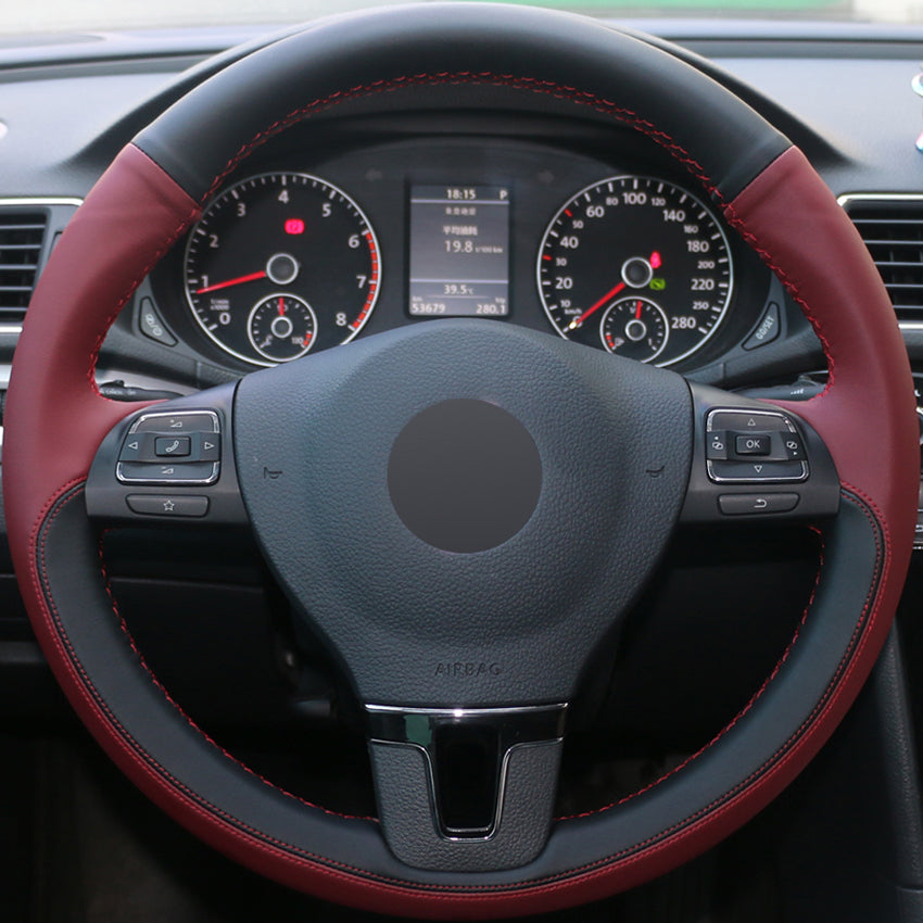 Black Wine Red Leather Car Steering Wheel Cover for Volkswagen VW Gol Tiguan Passat B7 Passat CC Touran Jetta Mk6