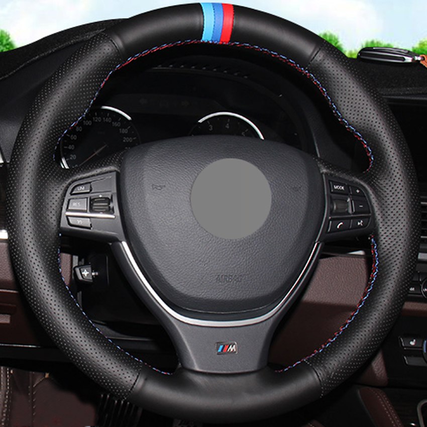 DIY Hand-stitched Black Genuine Leather Car Steering Wheel Cover for BMW F10 2014 520i 528i 2013 2014 730Li 740Li 750Li