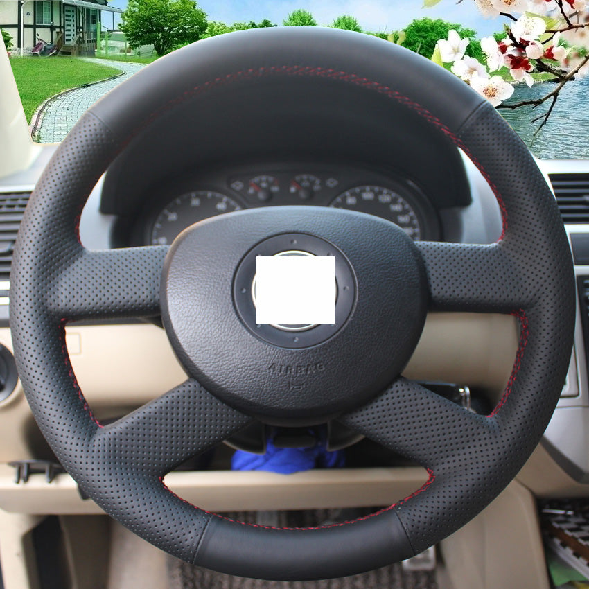 Black Leather Car Steering Wheel Cover for Volkswagen VW Polo 2003-2006 Old Golf 5 Jetta 5 MK5 Tiguan 2007-2011