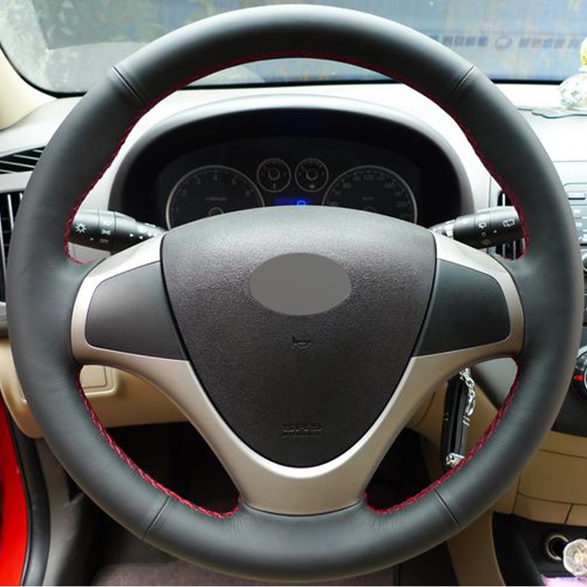 Black Leather Hand -stitched Car Steering Wheel Cover for Hyundai i30 2009-2011