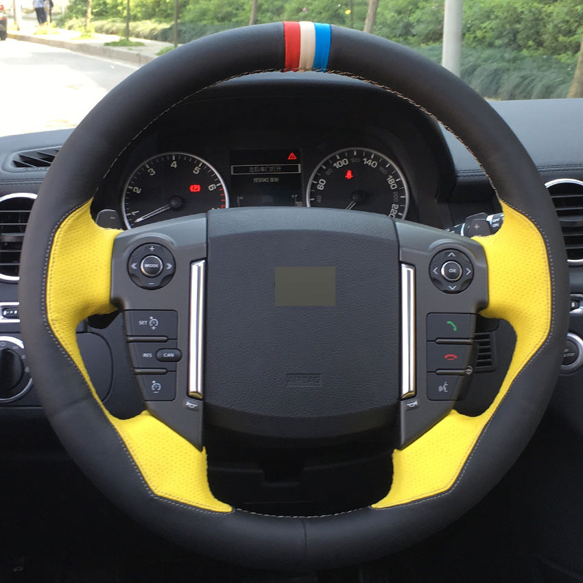 Yellow Black Leather DIY Hand-stitched Car Steering Wheel Cover for 2013 Land Rover Freelander 2 2013-2015