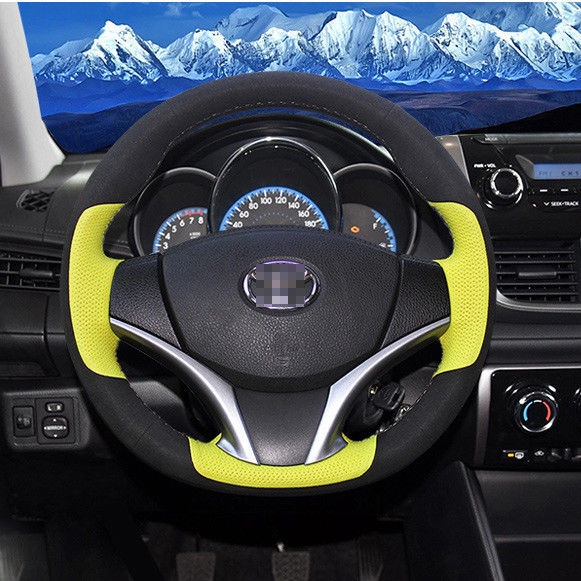 For Toyota Vios 14-2017 Car Steering wheel Cover Black Suede w- Yellow leather