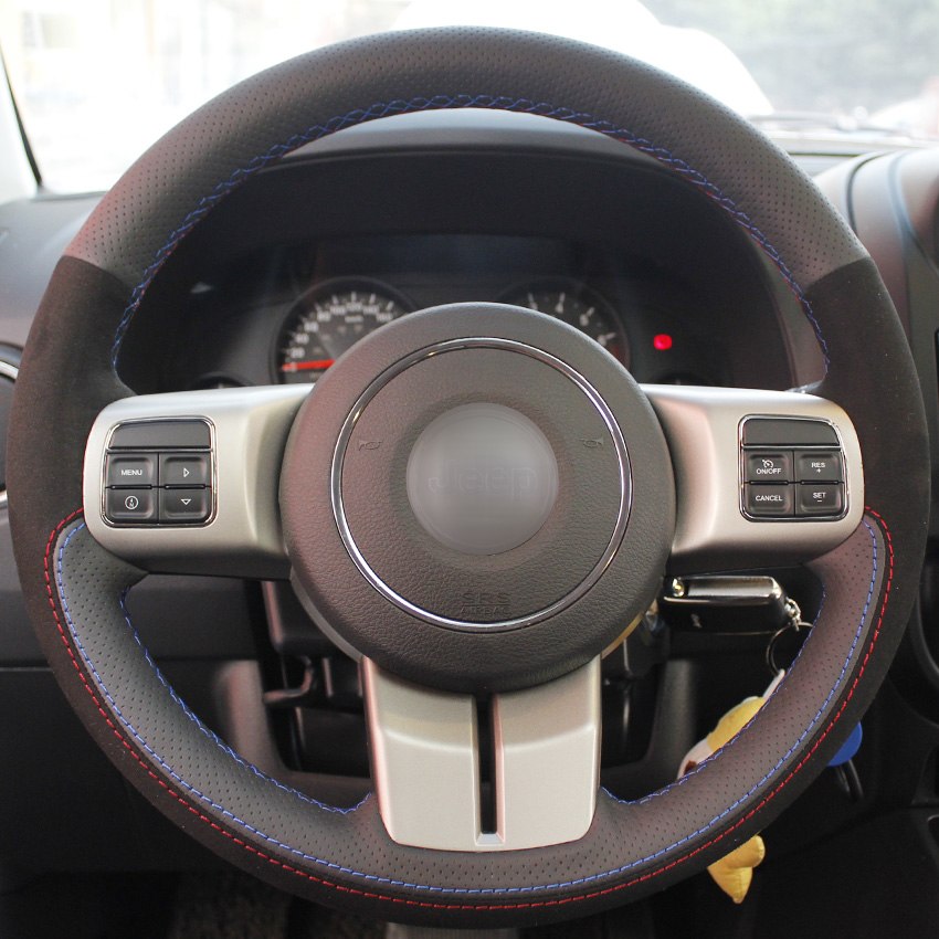 Black Genuine Leather Suede Hand-stitched Steering Wheel Cover for Jeep Compass Grand Cherokee Wrangler Patriot 2012 2013 2014