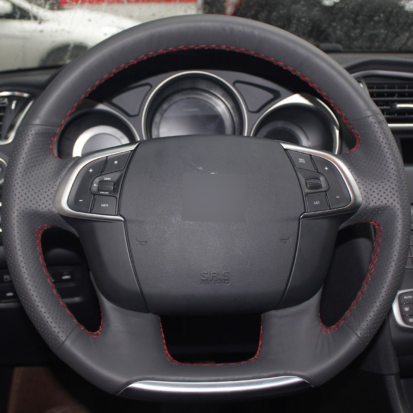 Black Leather Hand-stitched Car Steering Wheel Cover for Citroen C4 C4L