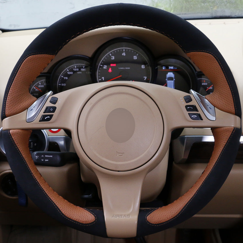 DIY Hand-stitched Car Steering Wheel Cover Black Suede Brown Leather for Porsche Cayenne Panamera 2010 2011
