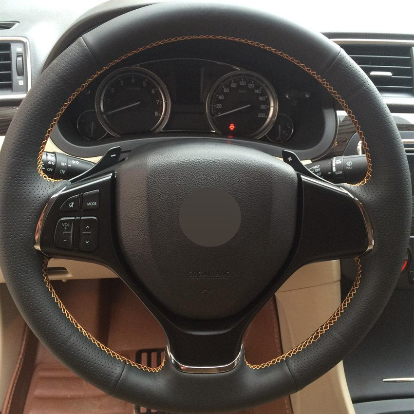 Black Leather DIY Hand-stitched Car Steering Wheel Cover for Suzuki Alivio 2015 2016
