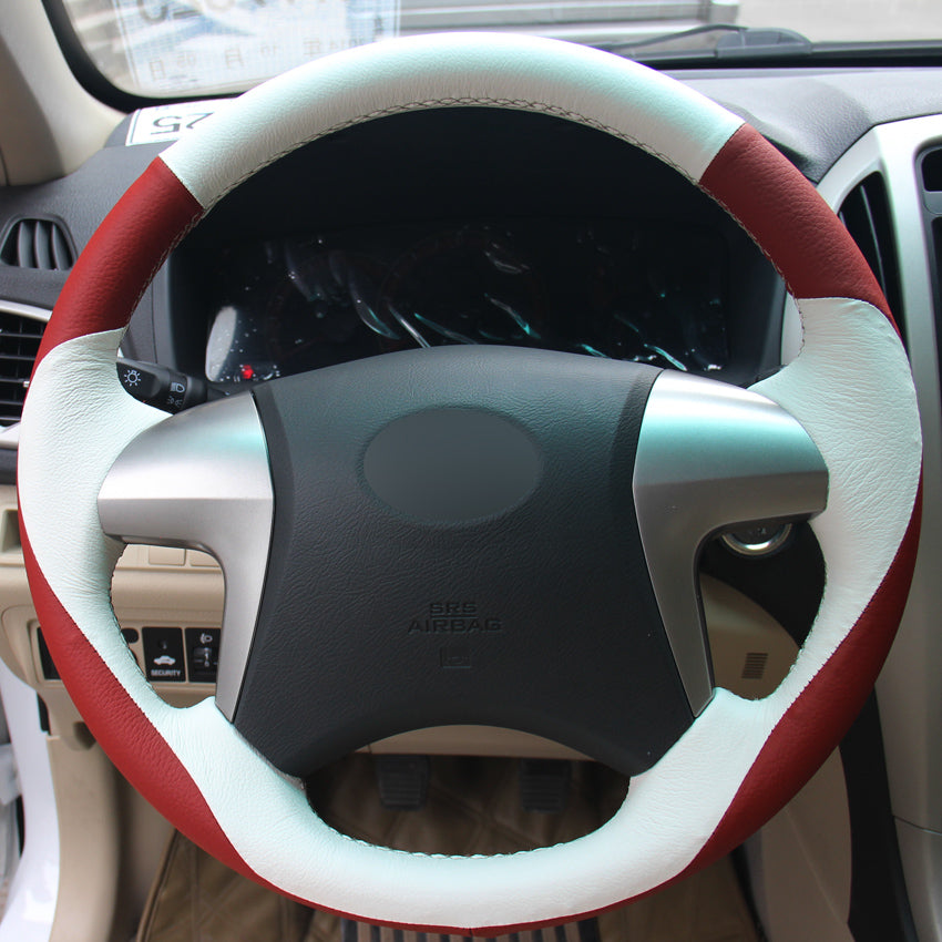 Red White Genuine Leather Hand-stitched Car Steering Wheel Cover for Toyota Highlander Toyota Camry 2007-2011
