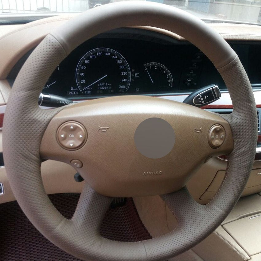 Beige Genuine Leather DIY Hand-stitched Car Steering Wheel Cover for Mercedes-Benz S-Class 2006-2008