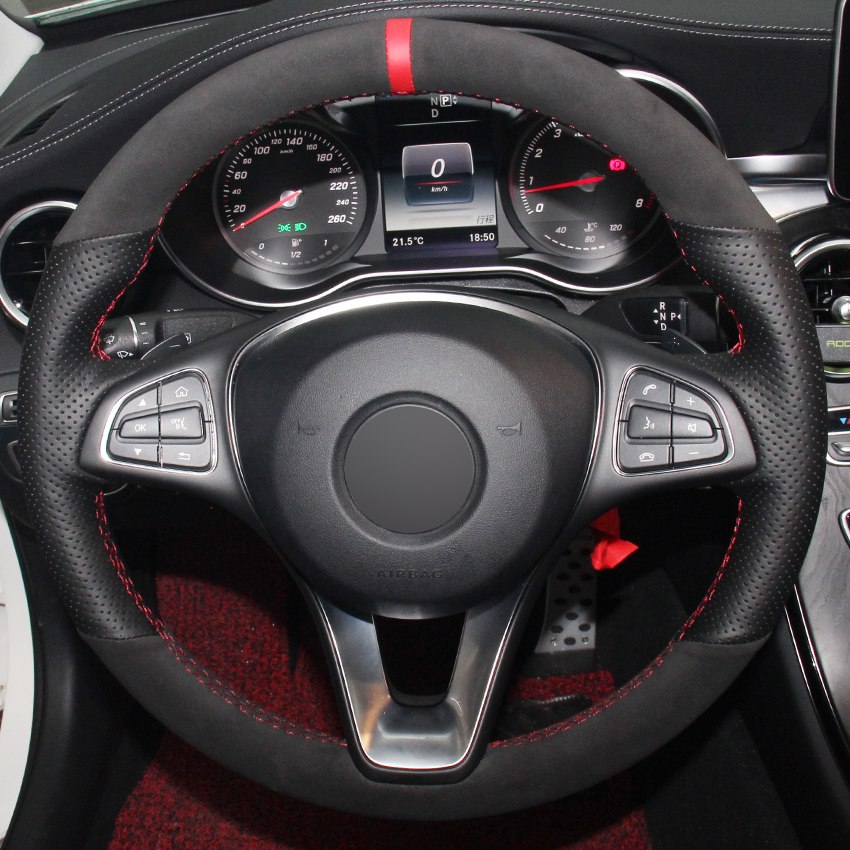 Black Genuine Leather Suede Car Steering Wheel Cover for Mercedes Benz C180 C200 C260 C300 B200