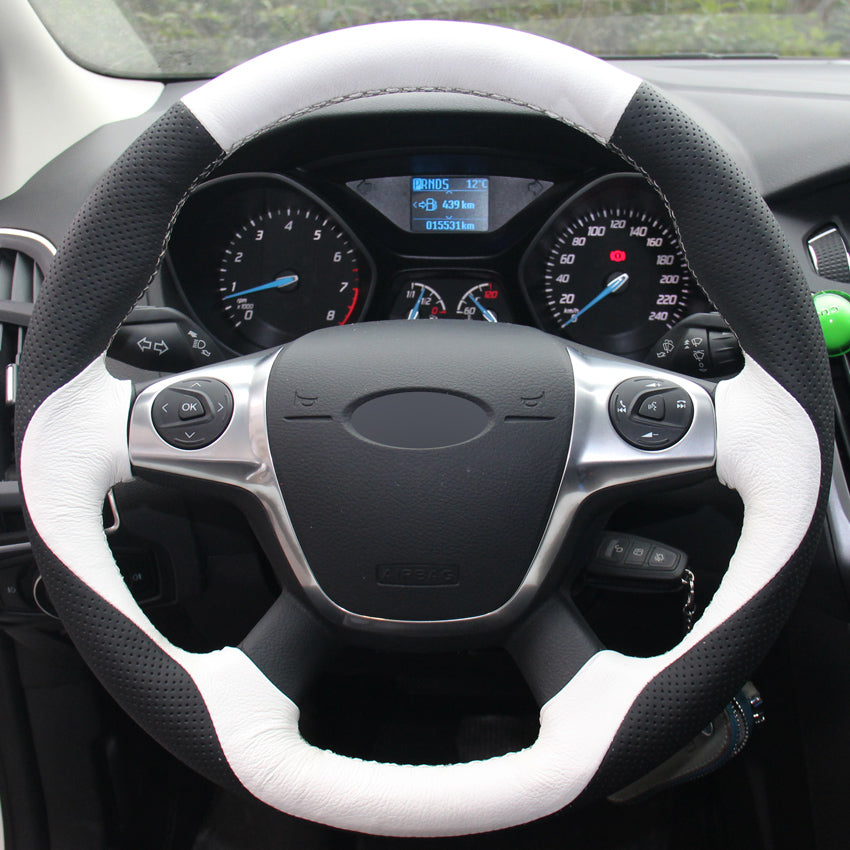 Black White Genuine Leather Hand-stitched Car Steering Wheel Cover for Ford Focus 3 2012-2014 KUGA Escape 2013-2016