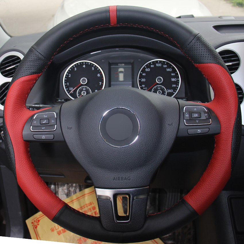 Red Black Genuine Leather Car Steering Wheel Cover for Volkswagen VW Gol Tiguan Passat B7 Passat CC Touran Magotan
