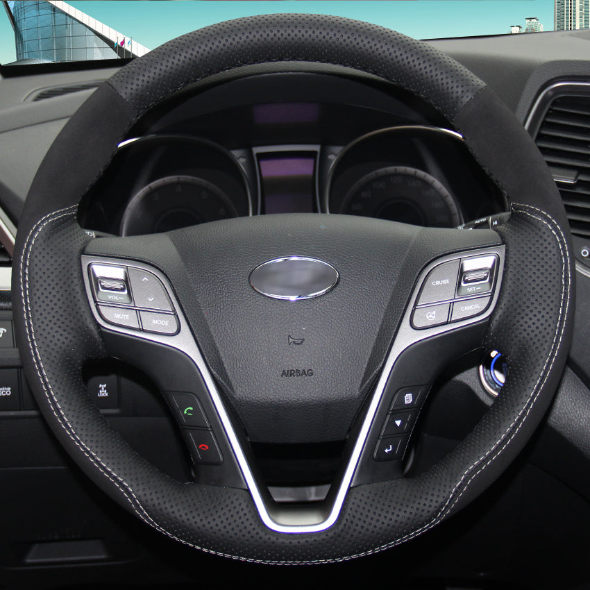 Black Genuine Leather Suede Hand-stitched Car Steering Wheel Cover for Hyundai Santa Fe 2013 2014 2015 Hyundai ix45